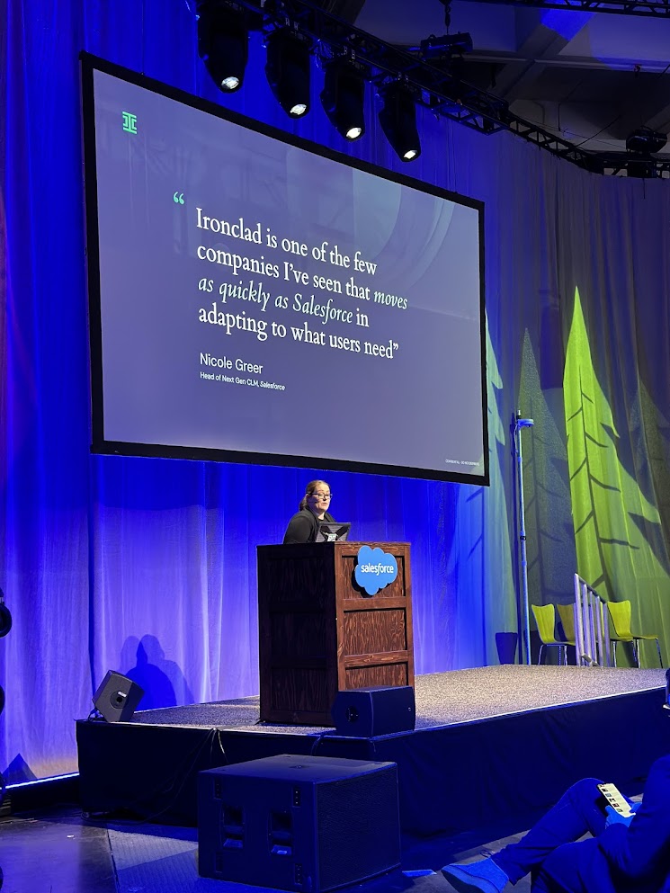 Salesforce Trailblazer conference quote slide: Ironclad is one of the few companies I've seen that moves as quickly as Salesforce in adapting to what users need - Nicole Greer, Head of Next Gen CLM, Salesforce